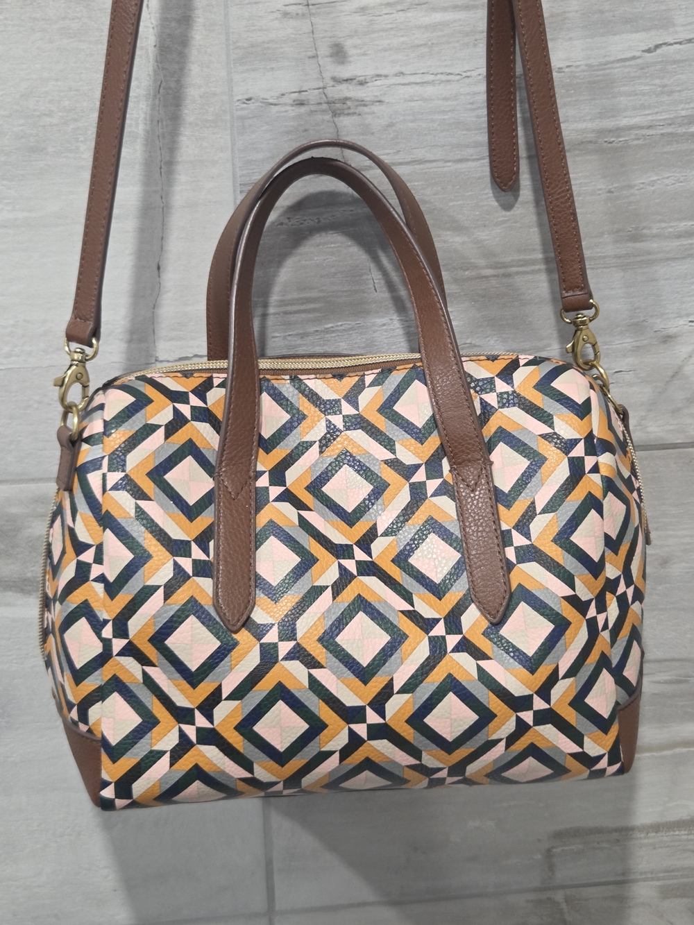 Fossil Sydney Satchel & Matching Logan Slim Tab Wallet Set - Geometric Diamond